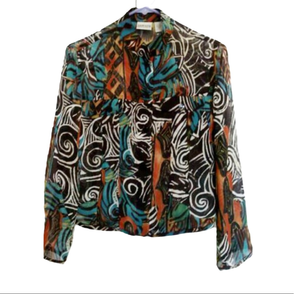 CHICO'S Picasso print Silk SHEER LONG SLEEVE BLOUSE top PABLO PICASSO
